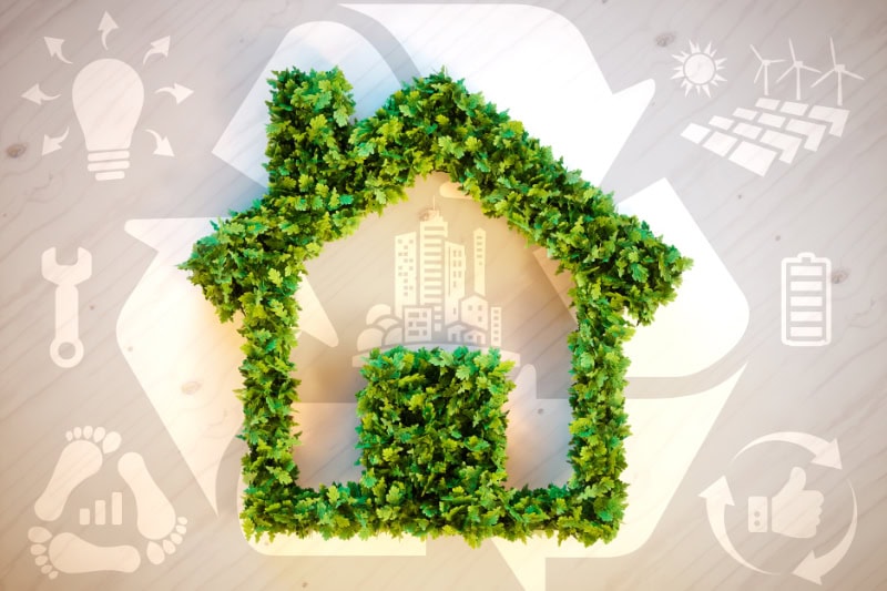 Sustainable living - 3d illustration with ecology icons on brown wooden background.